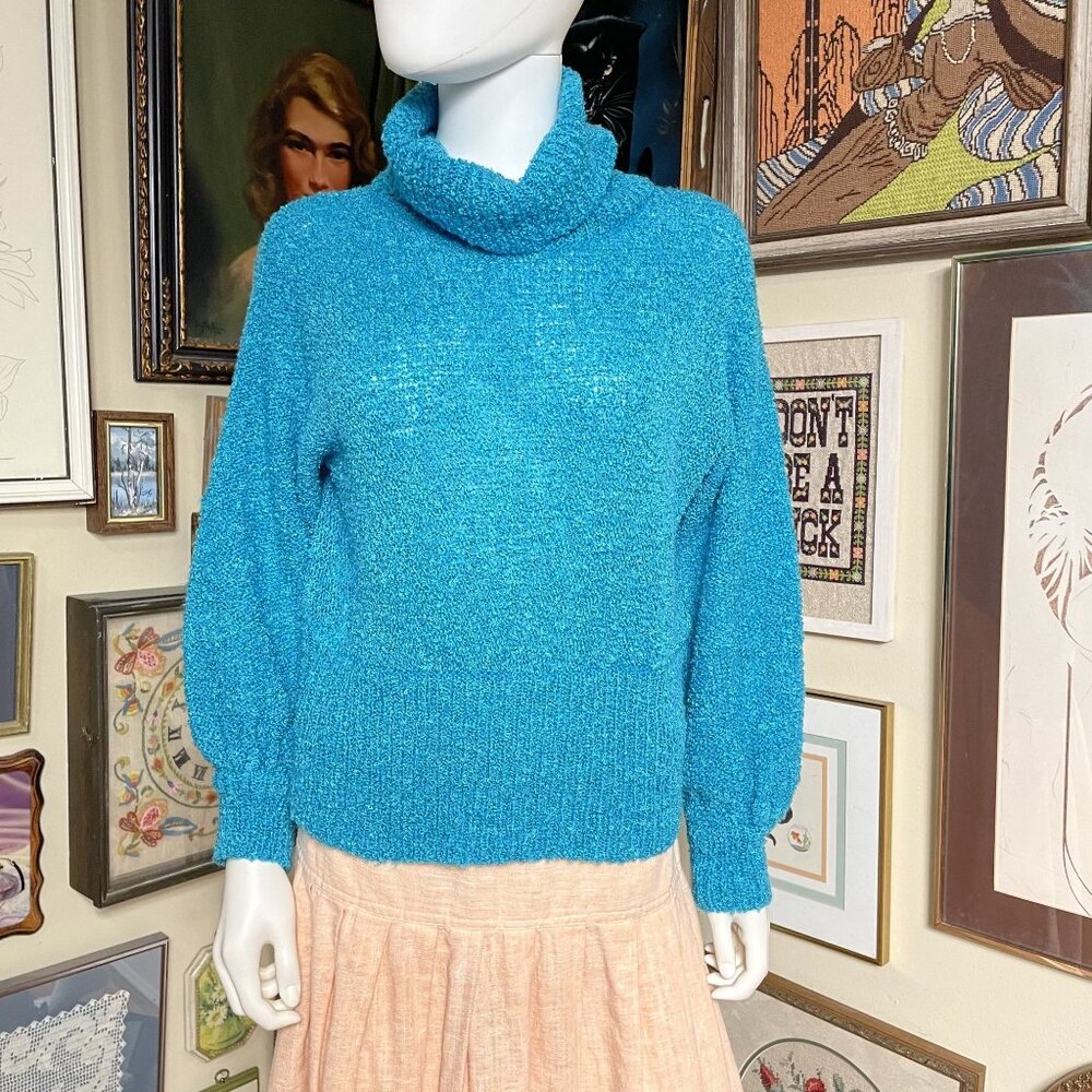 80s Vintage Gap Cozy Turquoise Blue Green Chenille Turtleneck Sweater Size M